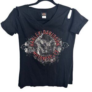 Harley-Davidson Distressed Open Shoulder T-Shirt Black Skull Graphic Miami‎ FL M